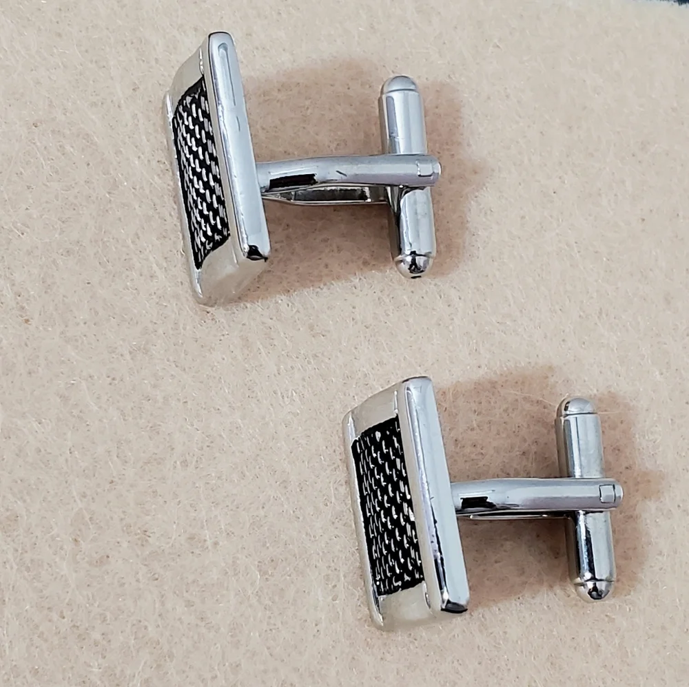 Silver & Black Herringbone Mesh Rectangular Cufflinks - Unisex